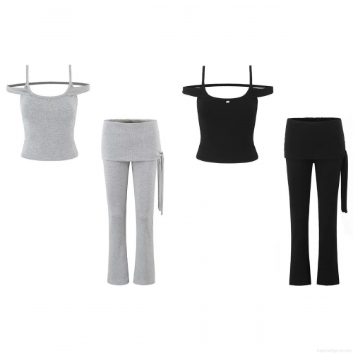 Women Sexy 2 Piece Set Ribbed Knit Off Shoulder Cami Crop Top and Tie Waist Skort Flare Pants Set Summer Casual Streetwear Tracksuit