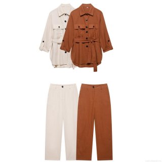 Women's Two Piece Outfits Set Long Sleeve Button Down Shirt With Belt And High Waist Wide Leg Pants Polyester Solid Color Casual Streetwear Suits