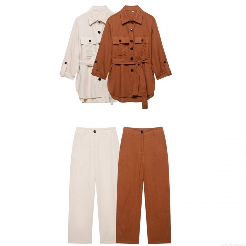 Women's Two Piece Outfits Set Long Sleeve Button Down Shirt With Belt And High Waist Wide Leg Pants Polyester Solid Color Casual Streetwear Suits