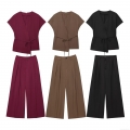 Women's Casual Two Piece Outfits V Neck Tie Up Short Sleeve Top and High Waist Wide Leg Pants Set Solid Color Polyester Office Lady Streetwear Suit