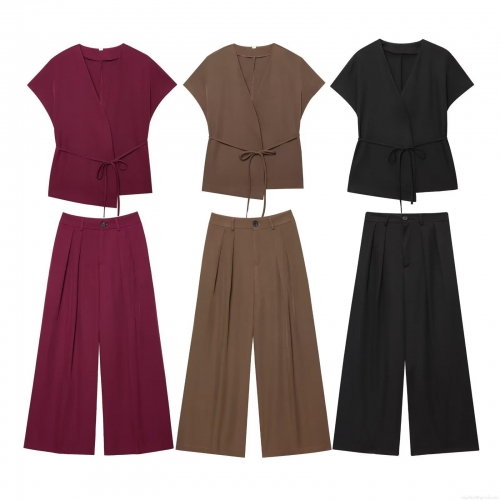 Women's Casual Two Piece Outfits V Neck Tie Up Short Sleeve Top and High Waist Wide Leg Pants Set Solid Color Polyester Office Lady Streetwear Suit