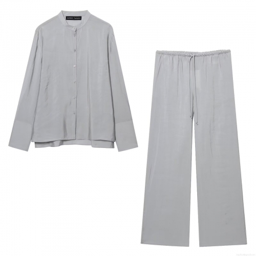 Women's Two Piece Set Satin Long Sleeve Shirt And Wide Leg Drawstring Pants Casual Drape Outfits European Style Solid Color Streetwear Sets