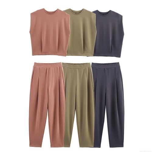 Women's 2 Piece Summer Casual Sleeveless Shoulder Pad T-Shirt and High Waist Pants Set Streetwear Solid Color Polyester Loungewear Outfit