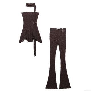 Women's Sexy Lace Crochet Two Piece Set With Strapless Tube Top Ruffle Irregular Hem And High Waist Flared Leg Pants Chic Summer Streetwear Outfit