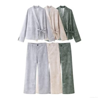 Women's Kimono Style Tie Side Top and High Waist Wide Leg Pants Two Piece Set Mottled Texture Polyester Casual Suit Streetwear Autumn Clothing