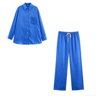 Women's Casual Blue White Vertical Striped 2 Piece Set Satin Finish Polyester Long Sleeve Button Down Shirt And Drawstring Wide Leg Pants Loungewear Suit For Women