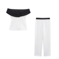 Women's 2-Piece Summer Fashion Outfit Set Contrast Color Off-Shoulder Bandeau Tube Top and High Waist Patchwork Straight Leg Trousers Street Style Polyester Suit