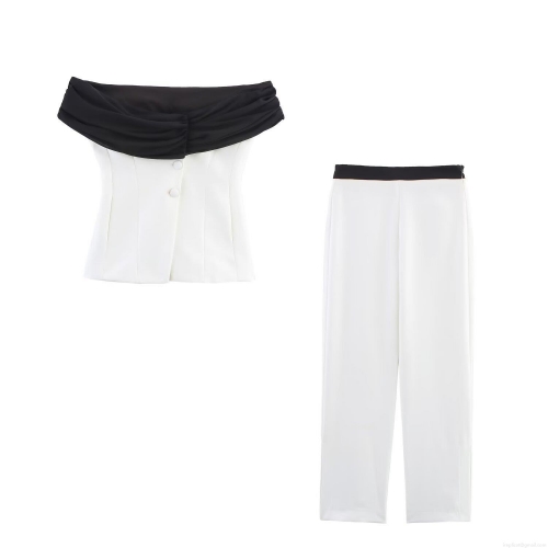 Women's 2-Piece Summer Fashion Outfit Set Contrast Color Off-Shoulder Bandeau Tube Top and High Waist Patchwork Straight Leg Trousers Street Style Polyester Suit