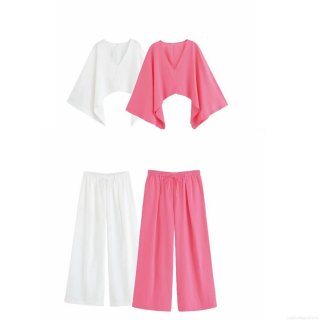 Women's Asymmetric Cloak Top and Wide Leg Pants Set Solid Color Polyester V-Neck Batwing Sleeve Streetwear Casual Summer Two-Piece Outfit