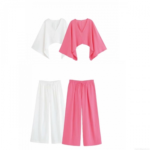 Women's Asymmetric Cloak Top and Wide Leg Pants Set Solid Color Polyester V-Neck Batwing Sleeve Streetwear Casual Summer Two-Piece Outfit