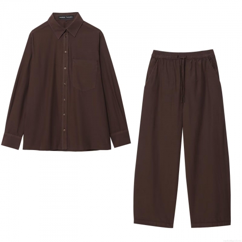Women's Casual Solid Color Long Sleeve Shirt And Wide Leg Pants Set Polyester European Streetwear Two Piece Outfits For Daily Street Women Lounge Wear