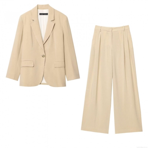Women's Professional Two-Piece Suit Set Cotton Linen Blend Long Sleeve Blazer Jacket And High Waist Wide Leg Pants Casual Office Elegant Streetwear Outfit