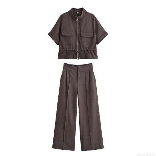 Women's Casual Two Piece Set 100% Polyester Stand Collar Zipper Short Sleeve Top And High Waist Wide Leg Pants Suit For Street Daily Chic Women