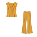 Women's 2 Piece Summer Set V Neck Sleeveless Button Down Vest Waistcoat and High Waist Flare Pants Solid Color Polyester Casual Streetwear Outfits