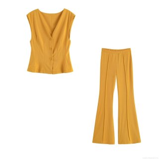 Women's 2 Piece Summer Set V Neck Sleeveless Button Down Vest Waistcoat and High Waist Flare Pants Solid Color Polyester Casual Streetwear Outfits