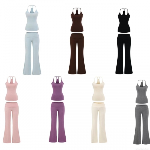 Women's 2-Piece Yoga Set Racerback Camisole With Chest Pads And High Waist Flared Pants Slim Fit Sporty Ribbed Knit Workout Outfits Women Streetwear Casual Two-Piece Sets