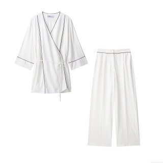 Women's Casual Two-Piece Set Polyester Contrast Piping Tie Wrap Top And Wide Leg Pants Streetwear Summer Lounge Outfit For Women