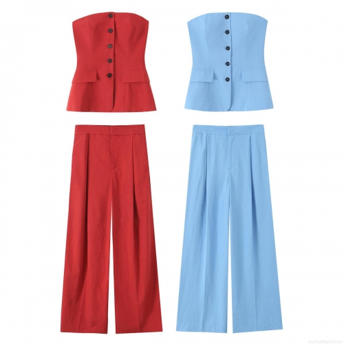 Women's Sexy Solid Two Piece Set Single-Breasted Tube Top and High Waist Wide Leg Pleated Pants Sleeveless Polyester Co-ords for Summer Party Streetwear