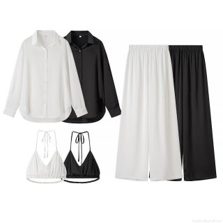 Women's 3 Piece Satin Outfits Set Long Sleeve Shirt Halter Camisole and Wide Leg Pants Summer Casual Streetwear Elegant Solid Color Clothing