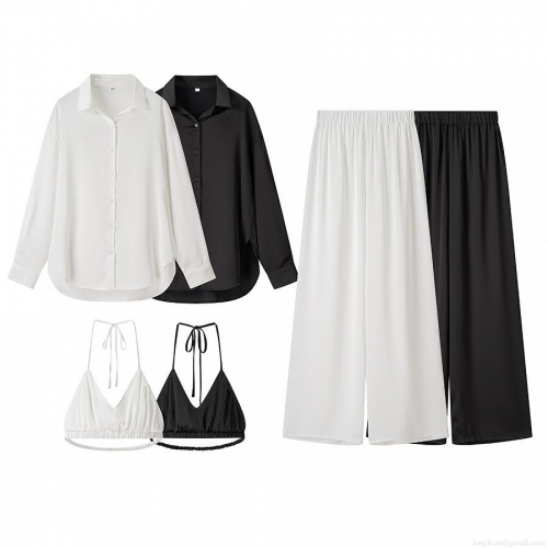 Women's 3 Piece Satin Outfits Set Long Sleeve Shirt Halter Camisole and Wide Leg Pants Summer Casual Streetwear Elegant Solid Color Clothing