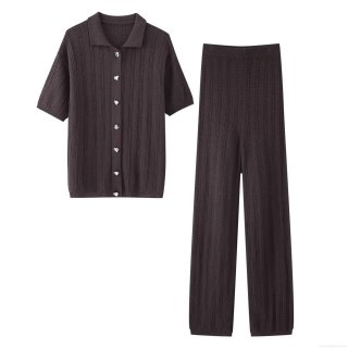 Women's 2-Piece Knit Set Hollow Out Short Sleeve Button Up Cardigan Shirt and Straight Leg Pants Set Solid Color Vintage Knitted Streetwear Loungewear Outfit