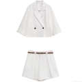 Women's 2-Piece Short Blazer Shorts Set Polyester Double Breasted Lapel Jacket High Waist Wide Leg Shorts With Belt Summer Casual Office Party Wear Solid Color Elegant Suit For Women