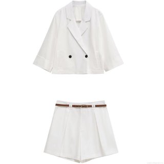Women's 2-Piece Short Blazer Shorts Set Polyester Double Breasted Lapel Jacket High Waist Wide Leg Shorts With Belt Summer Casual Office Party Wear Solid Color Elegant Suit For Women