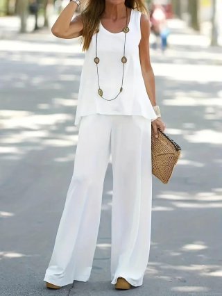 Women's Summer Casual Two Piece Set Sleeveless Round Neck Top And High Waist Wide Leg Pants Polyester Spandex Solid Color Elegant Vacation Lounge Outfit