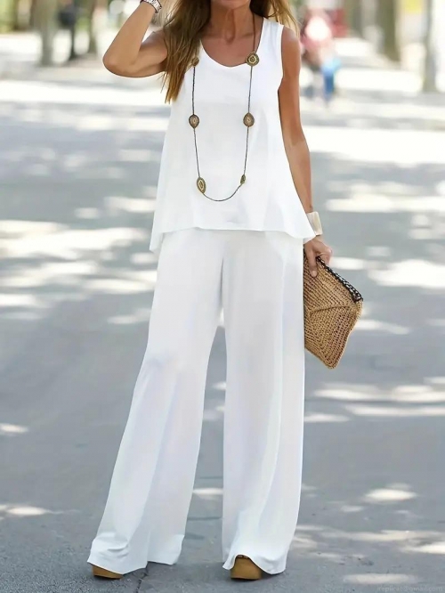 Women's Summer Casual Two Piece Set Sleeveless Round Neck Top And High Waist Wide Leg Pants Polyester Spandex Solid Color Elegant Vacation Lounge Outfit