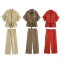 Women's Two Piece Linen Set Safari Style Short Sleeve Zip Up Shirt With Lace Up Waist And High Waist Wide Leg Pants Casual Solid Streetwear Outfits For Women