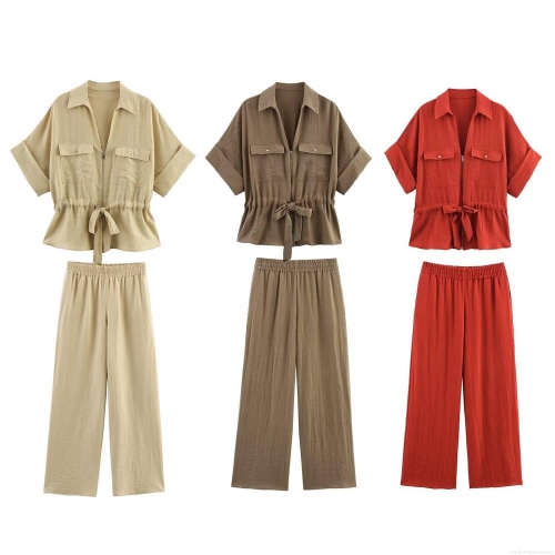 Women's Two Piece Linen Set Safari Style Short Sleeve Zip Up Shirt With Lace Up Waist And High Waist Wide Leg Pants Casual Solid Streetwear Outfits For Women