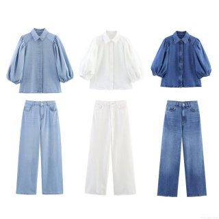 Women's Casual Denim Pants Set Two-Piece Puffy Sleeve Button Down Shirt and High Waist Wide Leg Jeans Streetwear Outfits for Women Autumn Fashion co-ords