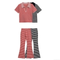 Women's Summer Striped Knit Two Piece Set Contrast Color Short Sleeve Polo Top And High Waist Flare Pants Casual Streetwear Tracksuit