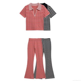 Women's Summer Striped Knit Two Piece Set Contrast Color Short Sleeve Polo Top And High Waist Flare Pants Casual Streetwear Tracksuit