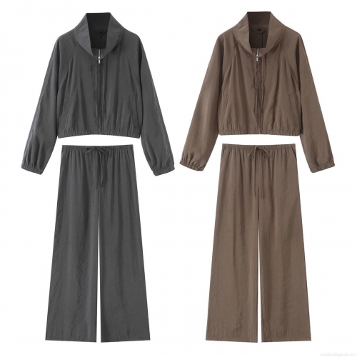 Women's Casual Two Piece Set Solid Color Stand Collar Zipper Jacket and High Waist Wide Leg Pants Tracksuit Loungewear Outfit Streetwear
