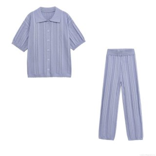 Women Short Sleeve Hollow Out Polo Neck Knit Top And Straight Leg Pants 2 Piece Set Casual Summer Lavender Purple Streetwear Sweatsuit