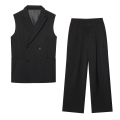 Women's 2-Piece Office Lady Set Double Breasted Sleeveless Vest and High Waist Wide Leg Pants Solid Color Commuter Suits