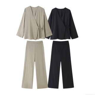 Women's 2-Piece Outfit Set Kimono Style V-Neck Tie Front Long Sleeve Top and Wide Leg Pants Casual Streetwear Plisse Textured Lounge Set For Women Summer Tracksuit
