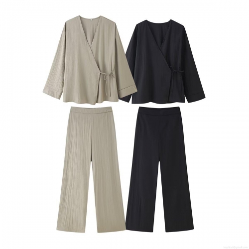 Women's 2-Piece Outfit Set Kimono Style V-Neck Tie Front Long Sleeve Top and Wide Leg Pants Casual Streetwear Plisse Textured Lounge Set For Women Summer Tracksuit
