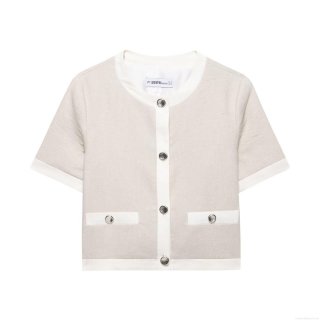 Women's 2-Piece Casual Set Short Sleeve Crop Blazer Top And High Waist Wide Leg Trousers Minimalist Oat Beige Linen Texture Outfits With Contrast Trim