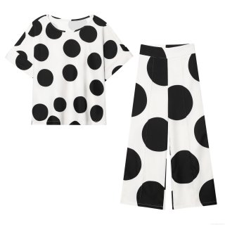 Women's Casual Two Piece Polka Dot Set Short Sleeve Crew Neck Top And High Waist Wide Leg Pants Summer Streetwear Fashion Polyester Outfit For Women