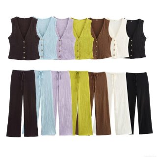 Women's 2-Piece Outfit Set V-Neck Button Down Vest And Drawstring Wide Leg Pants Summer Casual Seersucker Textured Sleeveless Suit For Women