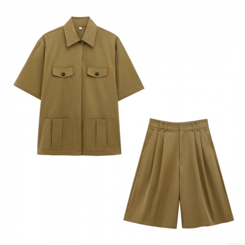 Women Utility Cargo Two Piece Set Short Sleeve Button Down Shirt And High Waist Wide Leg Shorts Outfit Streetwear Casual Summer Suit