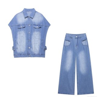 Women's Casual Denim Vest And Hollow Out Jeans 2 Piece Set Summer Western Style Light Blue Washed Sleeveless Waistcoat And High Waist Wide Leg Denim Pants Outfit Streetwear Co-ord Suit