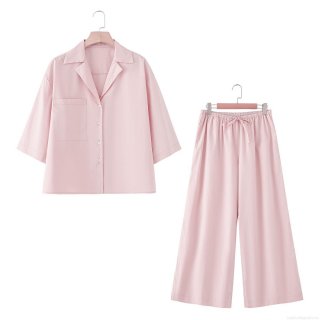 Women's 100% Cotton 2 Piece Lounge Set Short Sleeve Button Up Shirt And Wide Leg Pants Casual Summer Streetwear Outfits For Women