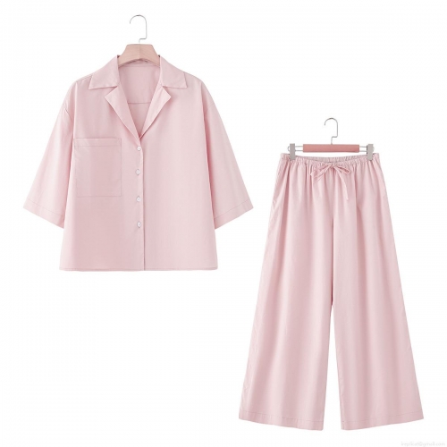 Women's 100% Cotton 2 Piece Lounge Set Short Sleeve Button Up Shirt And Wide Leg Pants Casual Summer Streetwear Outfits For Women