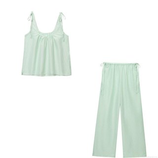 Women Summer Striped 2-Piece Outfit Mint Green Sleeveless Camisole Top And Wide Leg Pants Set Casual Cotton Linen Texture Set For Beach Vacation