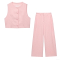 Women's 2-Piece Summer Set Sleeveless Button Short Vest And High Waist Wide Leg Pants European Streetwear Solid Pink Polyester Outfit