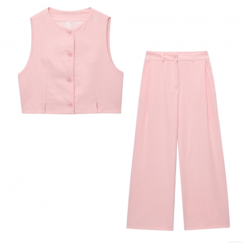 Women's 2-Piece Summer Set Sleeveless Button Short Vest And High Waist Wide Leg Pants European Streetwear Solid Pink Polyester Outfit