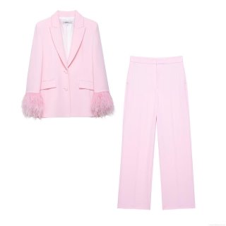 Elegant Women Pink Blazer and Pants Set Luxury Feather Cuff Long Sleeve Suit High Waist Wide Leg Trousers Two Piece Outfits For Party Office Lady Streetwear